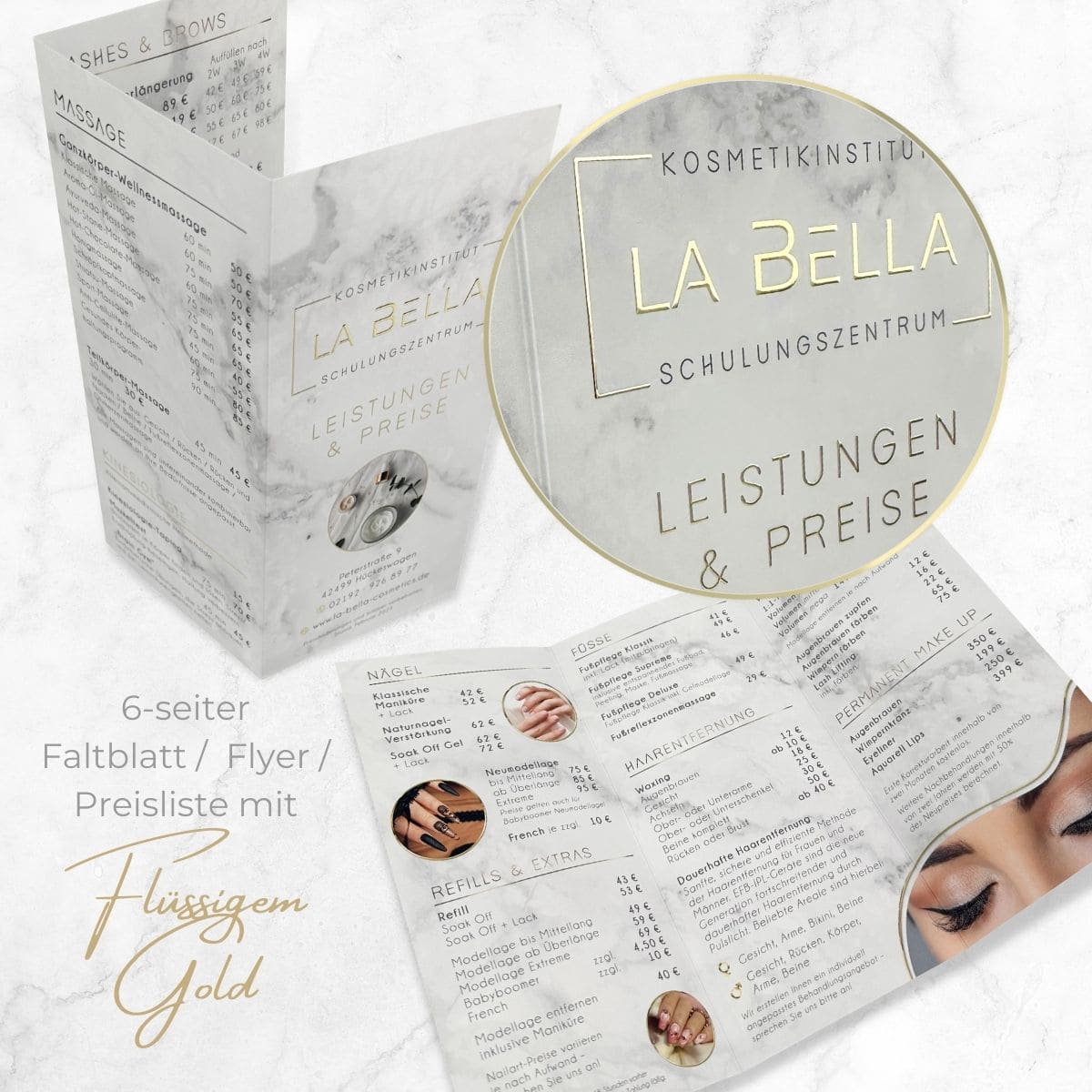 Exklusiver 6-seitiger Flyer / Faltblatt mit flüssigem Gold oder  Silber